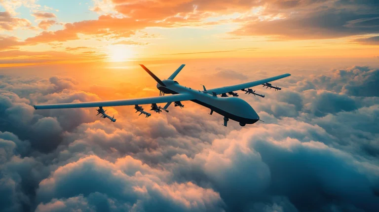 Large military plane flying above the clouds