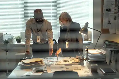 Two people talking in room over desk