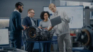 4 industrial engineers discussing a project